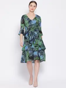 Oxolloxo Women Black Tropical Printed Fit and Flare Dress