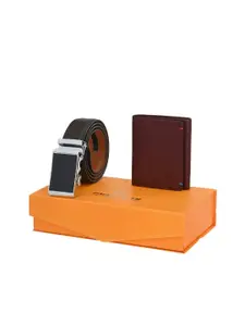 Pacific Gold Men Coffee Brown & Maroon Belt & Wallet Accessory Gift Set