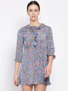 Oxolloxo Women Blue Floral Printed Fit and Flare Dress