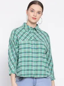 Oxolloxo Women Green Regular Fit Checked Casual Shirt