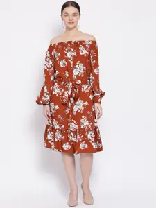 Oxolloxo Women Rust Red & White Floral Printed A-Line Dress