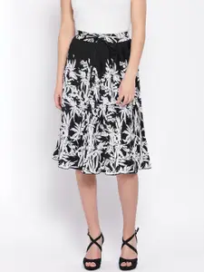 Oxolloxo Women Black & White Floral-Printed A-Line Midi Skirt