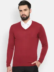 Van Heusen Men Red Solid Merino Wool Pullover Sweater