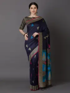 Mitera Navy Blue & Beige Silk Blend Printed Saree