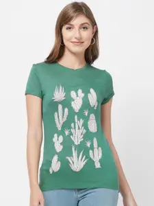 109F Women Green & White Printed Round Neck T-shirt