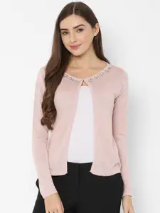Allen Solly Woman Peach-Coloured Embellished Front-Open Sweater