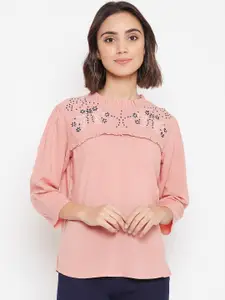 Ruhaans Women Peach-Coloured Self Design Embroidered Top