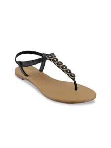Mochi Women Black Embellished T-Strap Flats