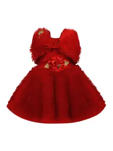Wish Karo Girls Red Self Design Fit and Flare Dress