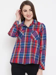 PURYS Women Red & Blue Regular Fit Checked Casual Shirt