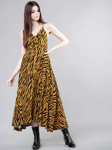 Tokyo Talkies Women Mustard Yellow & Black Animal Printed Wrap Dress