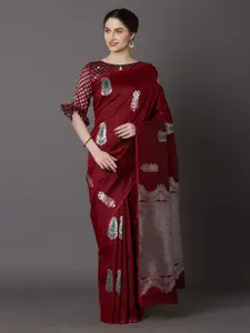 Mitera Maroon & Silver-Coloured Silk Blend Woven Design Kanjeevaram Saree