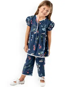 Cherry Crumble Girls Navy Blue Floral Printed Night Suit