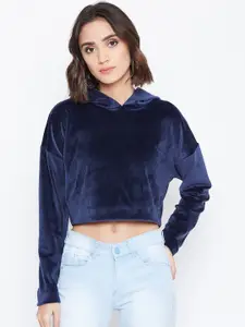 Zastraa Women Blue Solid Hooded Sweatshirt