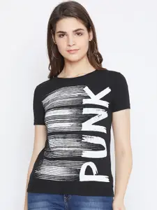 PUNK Women Black & White Printed Round Neck T-shirt