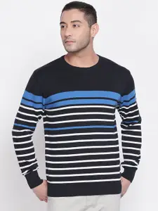 BYFORD by Pantaloons Men Navy Blue Striped & Off-White Pullover Sweater