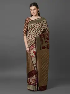 Mitera Green & Maroon Silk Blend Woven Design Banarasi Saree