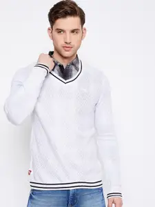 JUMP USA Men White Self Design Acrylic Pullover Sweater