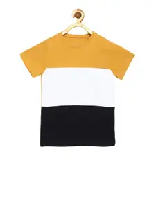 DILLINGER Boys Mustard Yellow  White Colourblocked Round Neck Pure Cotton T-shirt