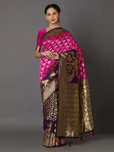 Mitera Pink & Gold-Coloured Silk Blend Woven Design Kanjeevaram Saree