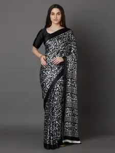 Mitera Black Printed Poly Crepe Saree