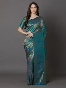 Mitera Teal Silk Blend Woven Design Banarasi Saree