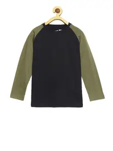 DILLINGER Boys Black  Olive Green Colourblocked Round Neck Pure Cotton T-shirt
