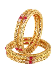 Adwitiya Collection Women Set of 4 24 kt Gold-Plated Red Stone Studded Handcrafted Bangles