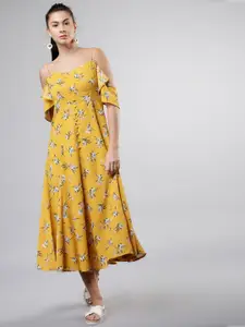 Tokyo Talkies Women Mustard Yellow Printed Fit and Flare Dress