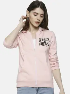 Campus Sutra Women Pink Printed Hooded Sweatshirt