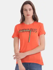 Flying Machine Women Orange Printed Round Neck T-shirt
