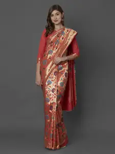 Mitera Coral Red & Blue Silk Blend Woven Design Kanjeevaram Saree