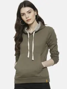 Campus Sutra Women Olive Green Solid Hooded Sweatshirt