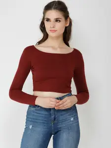 Cation Women Maroon Solid Fitted Crop Pure Cotton Top