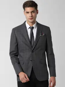 Peter England Men Grey Checked Slim-Fit Single-Breasted Formal Blazer