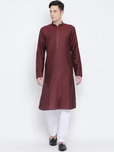 NAMASKAR Men Maroon Regular Pure Cotton Kurta with Churidar