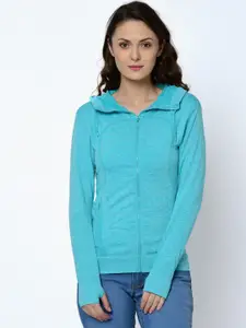 Da Intimo Women Turquoise Blue Solid Hooded Sweatshirt