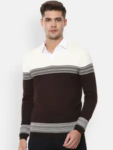 Van Heusen Men Brown & White Striped Sweater