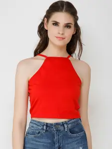 Cation Women Red Solid Crop Pure Cotton Top