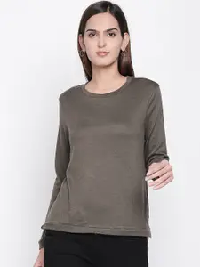 Honey by Pantaloons Women Olive Green Solid Round Neck T-shirt