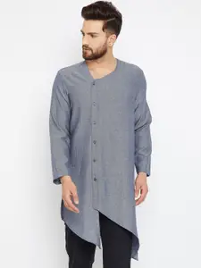 even Men Grey Solid Asymmetric Straight Kurta