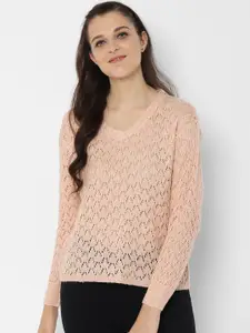 People Women Beige Self Design Sweater