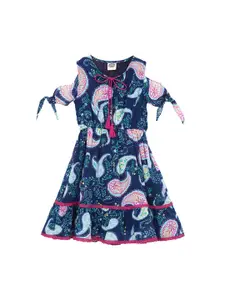 Cub McPaws Girls Printed Navy Blue Fit and Flare Dress