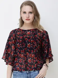 SCORPIUS Women Navy Blue & Red Floral Printed Top
