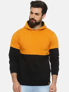 Campus Sutra Men Mustard Yellow & Black Solid Hooded Sweatshirt