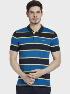 ColorPlus Men Blue & Yellow Striped Polo Collar Slim Fit T-shirt