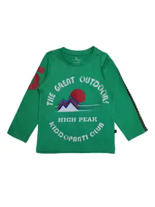 KiddoPanti Boys Green Printed Round Neck Pure Cotton T-shirt