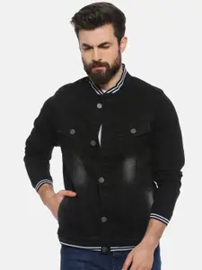 Campus Sutra Men Black Striped Windcheater Denim Jacket