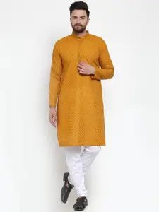 Jompers Men Mustard Orange & White Self Design Kurta with Churidar