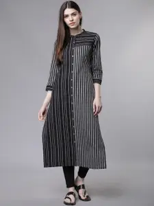 Vishudh Women Black & Grey Striped Straight Kurta